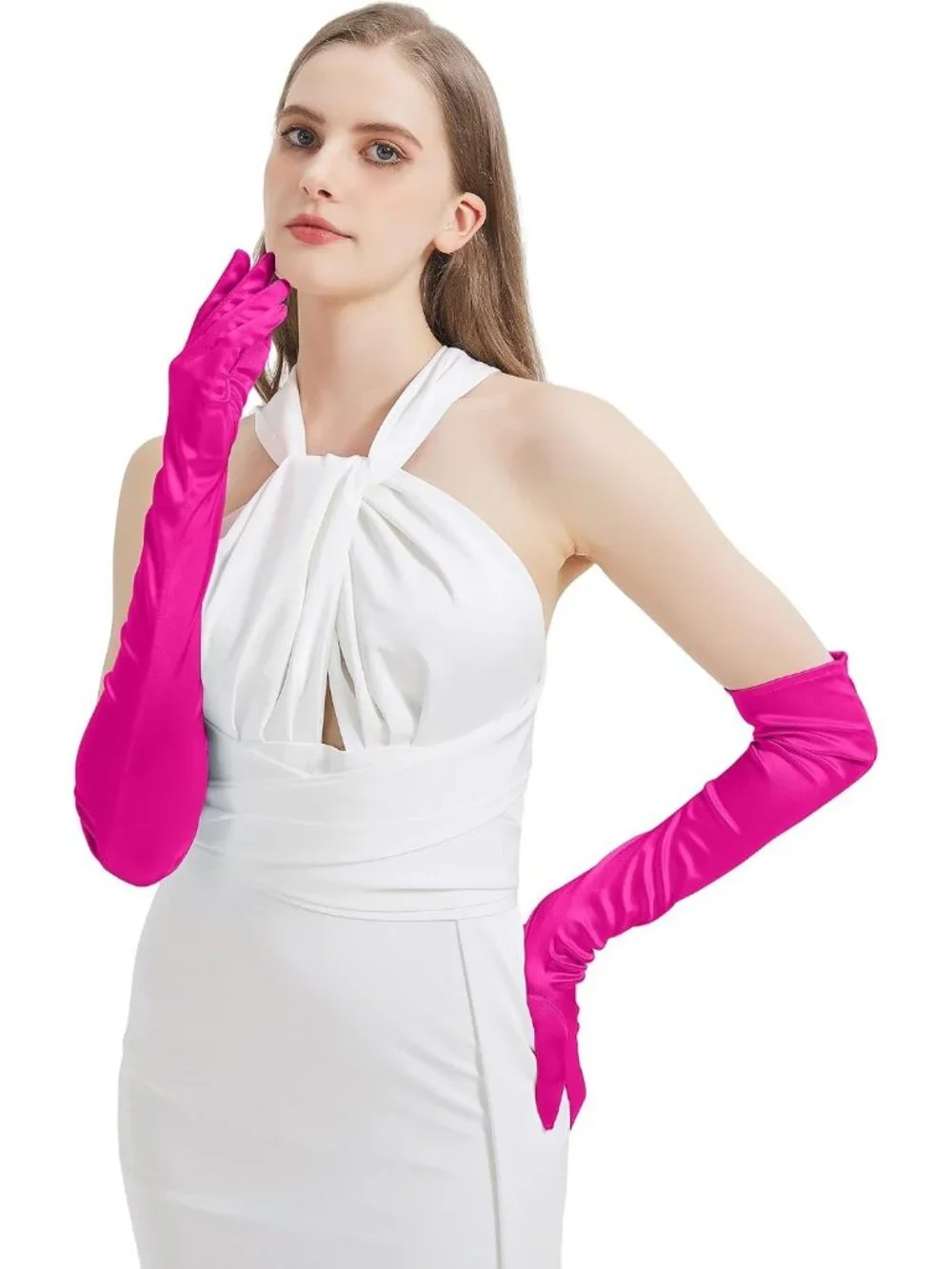 Women's Hot Pink Satin Opera Elbow Length 1920s Flapper Long Gloves Party